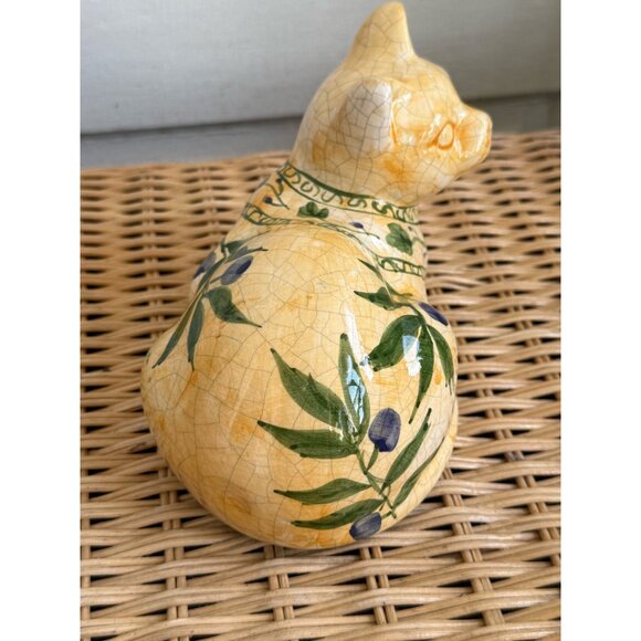 Vintage 70's Ceramic Cat Crackle Glaze Hand Painted Olive Branch - Picture 11 of 13